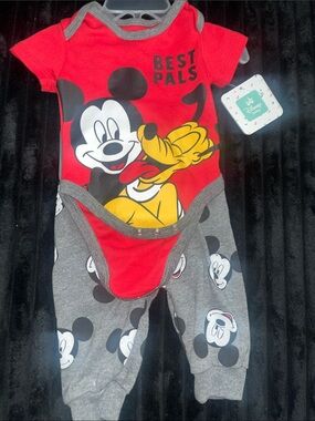 Disney Red, Gray & Yellow Mickey and Pluto Baby Bodysuit and Pant Set